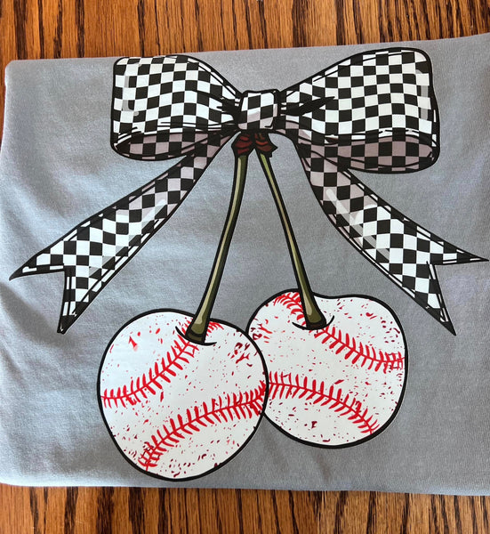 Baseball/Softball checked bow with cherries shirt