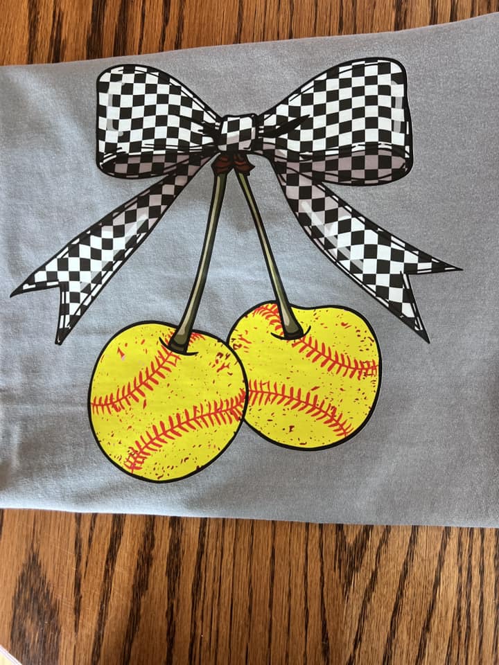 Baseball/Softball checked bow with cherries shirt