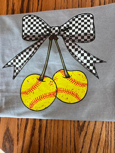 Baseball/Softball checked bow with cherries shirt