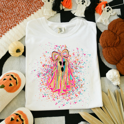 Watercolor ghost with confetti on white