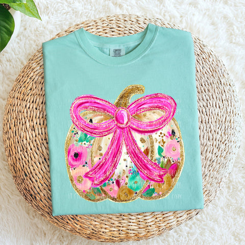Watercolor Pumpkin with Pink Bow