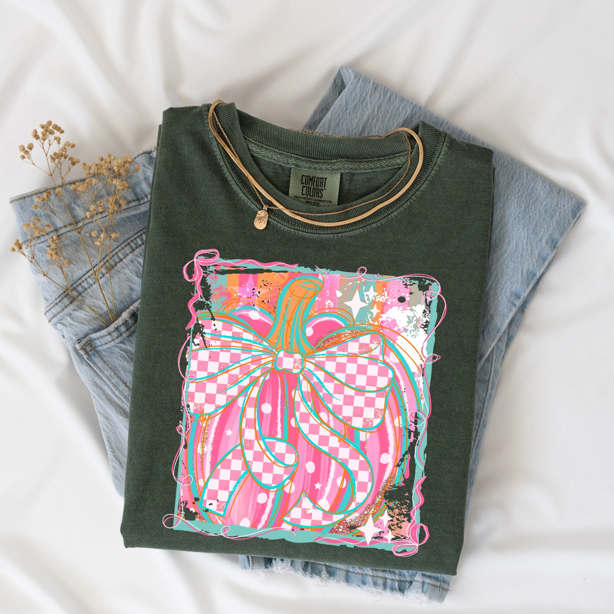 Watercolor Pumpkin with pink checked bow