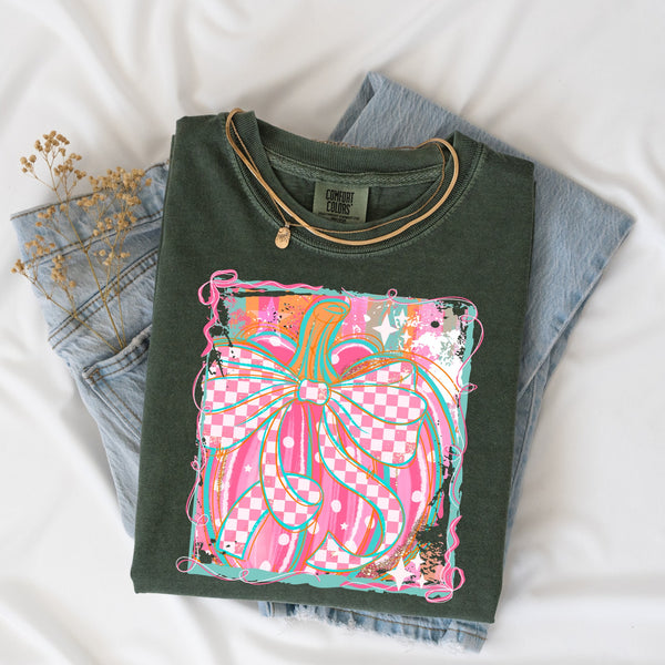 Watercolor Pumpkin with pink checked bow