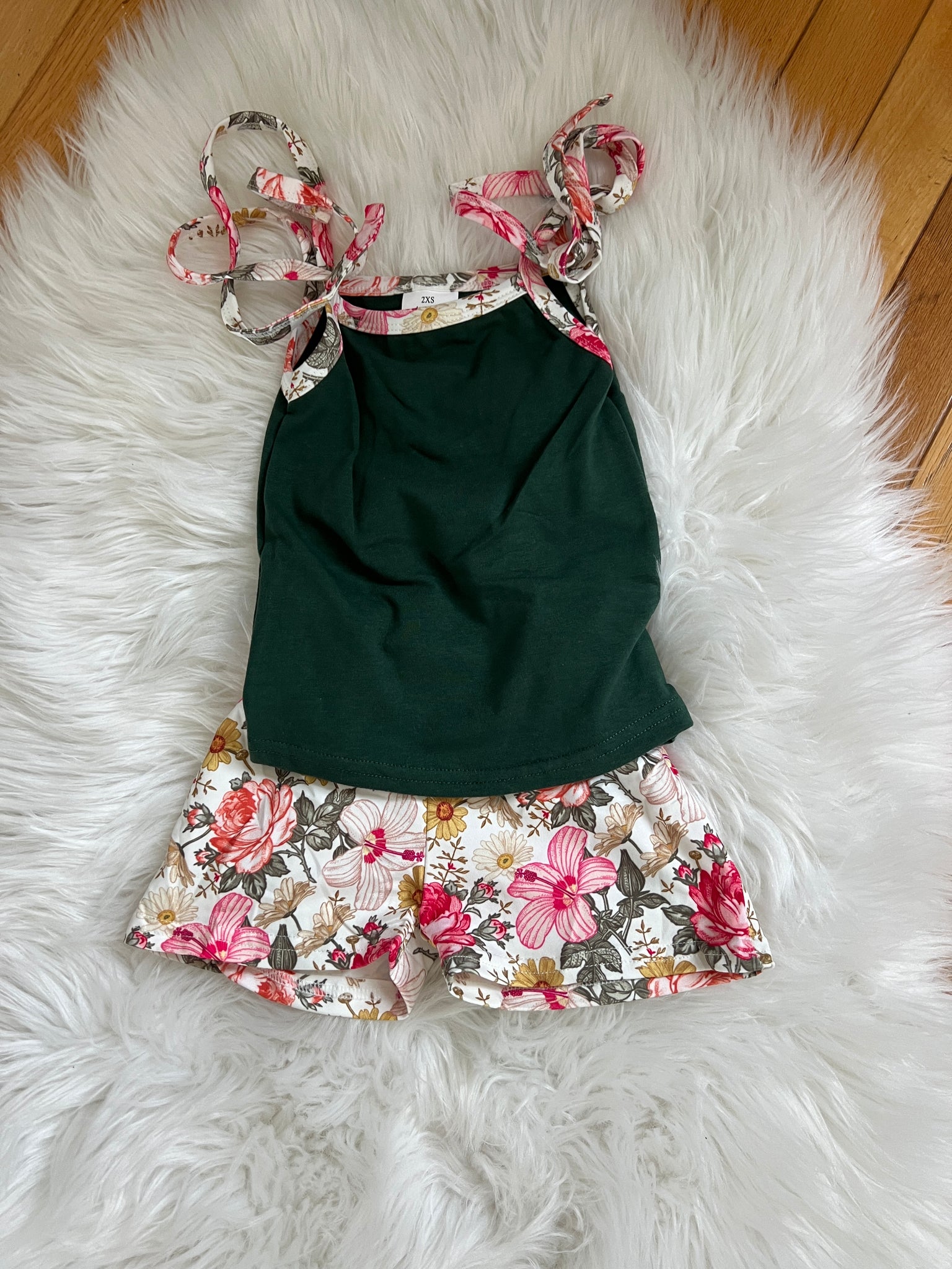 GREEN WITH FLORAL SHORTS SET. *CLEARANCE FINAL SALE*