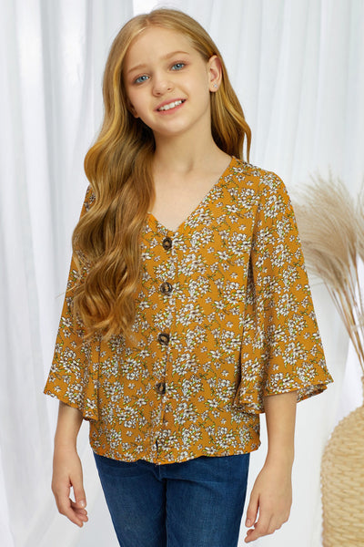 Mustard floral bell sleeve. CLEARANCE FINAL SALE