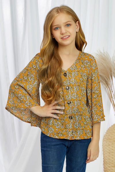 Mustard floral bell sleeve. CLEARANCE FINAL SALE