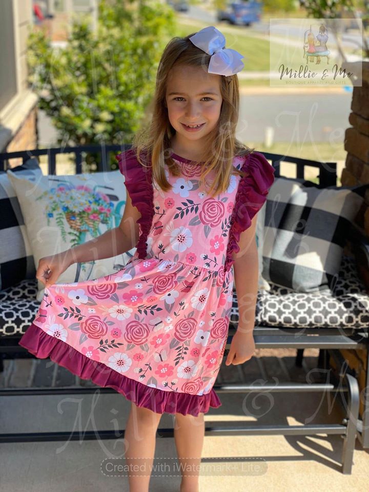 CLEARANCE.  Burgundy sleeve and trim Pink floral ruffle dress. ALL SALES FINAL